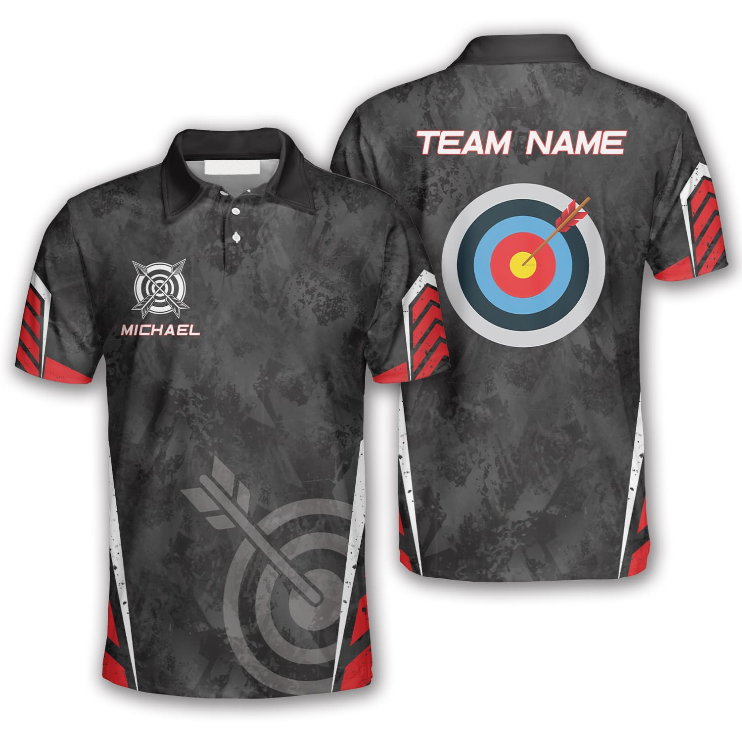 Archery Target Red Black Grunge Style Custom Archery Polo Shirts For Men