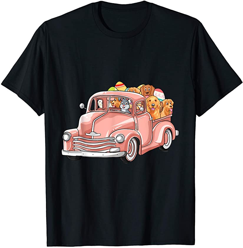 Bunny Riding Truck Easter Day Golden Retriever Dogs Egg Hunt T-Shirt