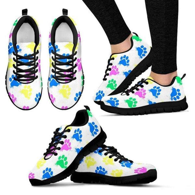 White Colorful Paws – Women’s Veterinary Sneakers, White And Black Sole – Animal Lovers Footwear, Vet Tech Shoes