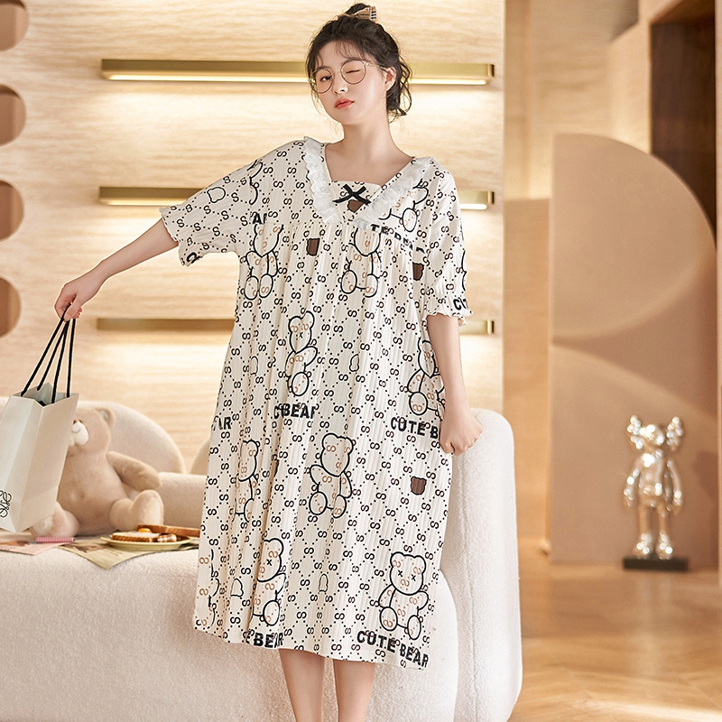 2022 Summer Plus Size Short Sleeve Cotton Print Nightgowns Women Korean Lace Long Dress Sleepwear Nightdress Night Dress Nighty alx