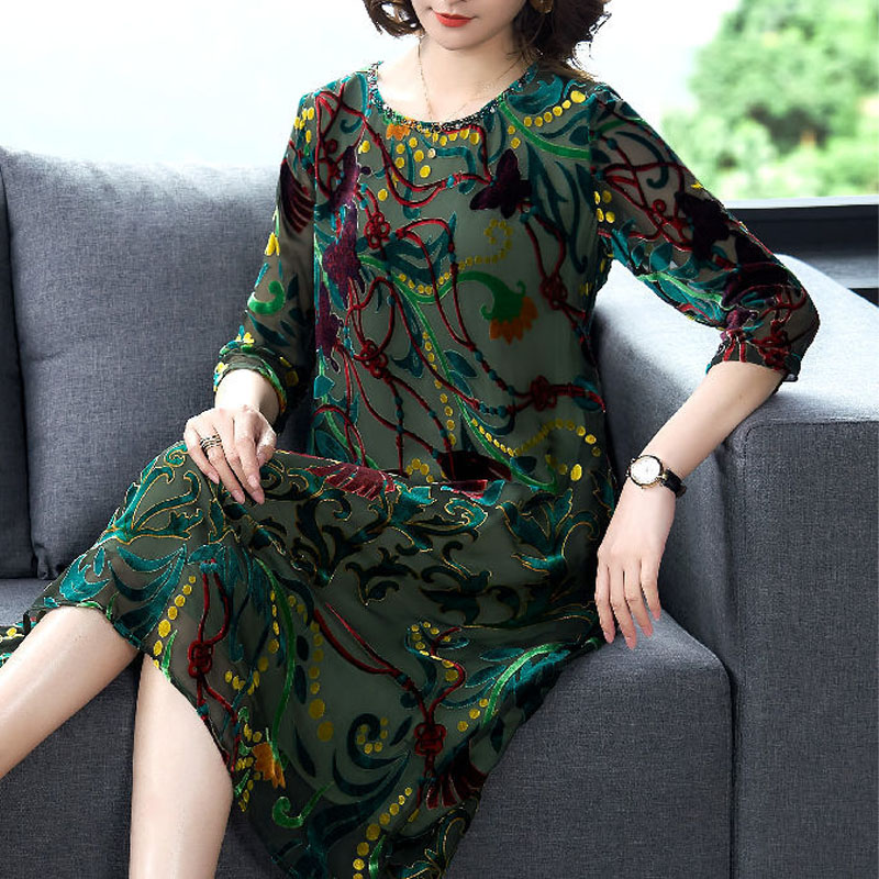 Vintage Round Neck Appliques Ladies Loose Dresses 2022 New Spring Summer Fashion Elegant 3/4 Sleeve Casual Midi Dress for Female alx