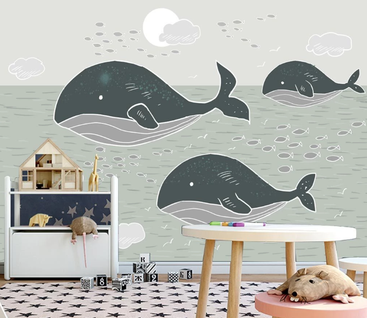 3D Cartoon Whale Kid Wall Mural Wallpaper Sf117