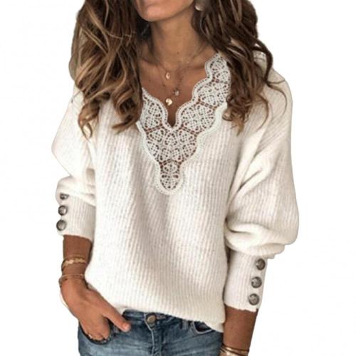 Women Autumn Winter T Shirts Long Sleeve Sexy Lace Patchwork V Neck Buttons Sweater Jumper Mesh Design Fashion Hollow Out Tops alx