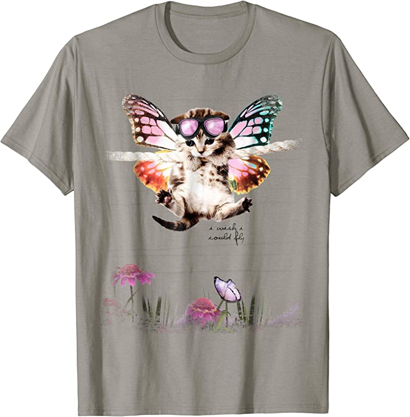 Cute Butterfly Kitten Flower Flying Cat T-Shirt For Girls