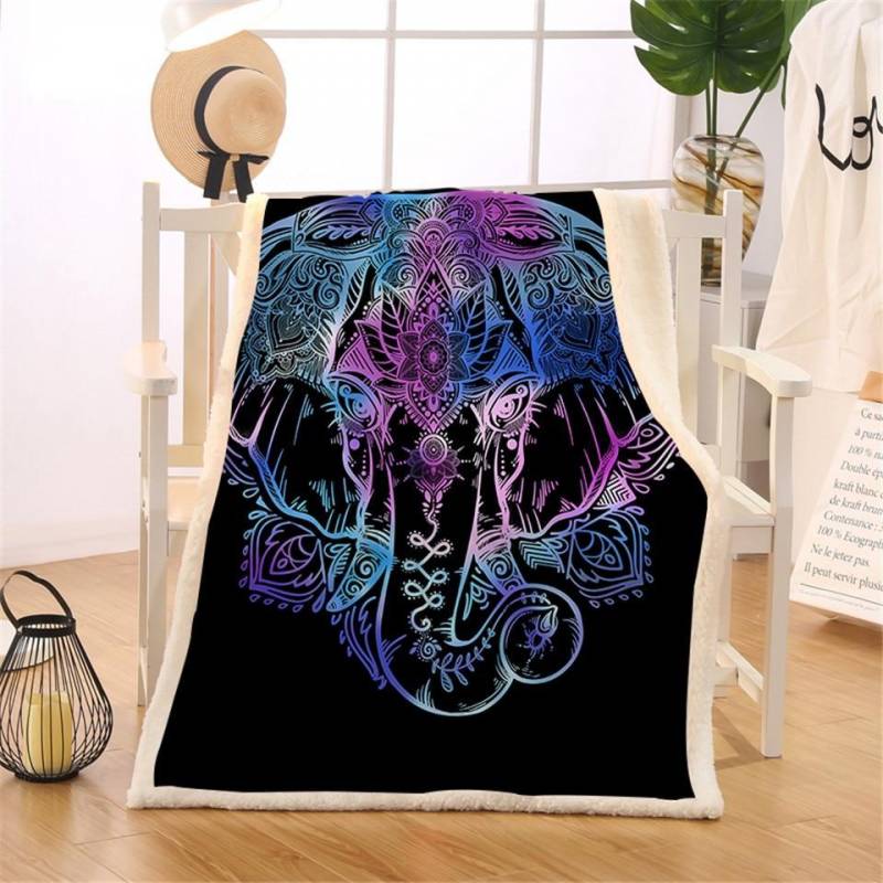 Neon Elephant Blanket Mandala Lotus Sherpa Flannel Fleece Throw Blanket 2 styles