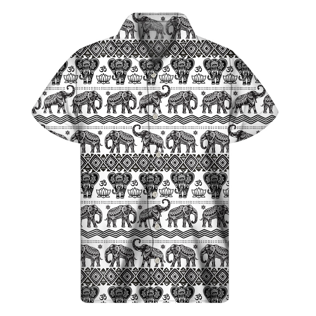 White And Black Indian Elephant Print Men’S Short Sleeve Shirt