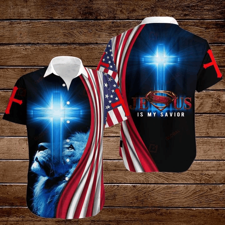 American 4Th Of July Independence Day Flag Lion Cross Jesus Is My Savior Graphic Print Short Sleeve Hawaiian Casual Shirt