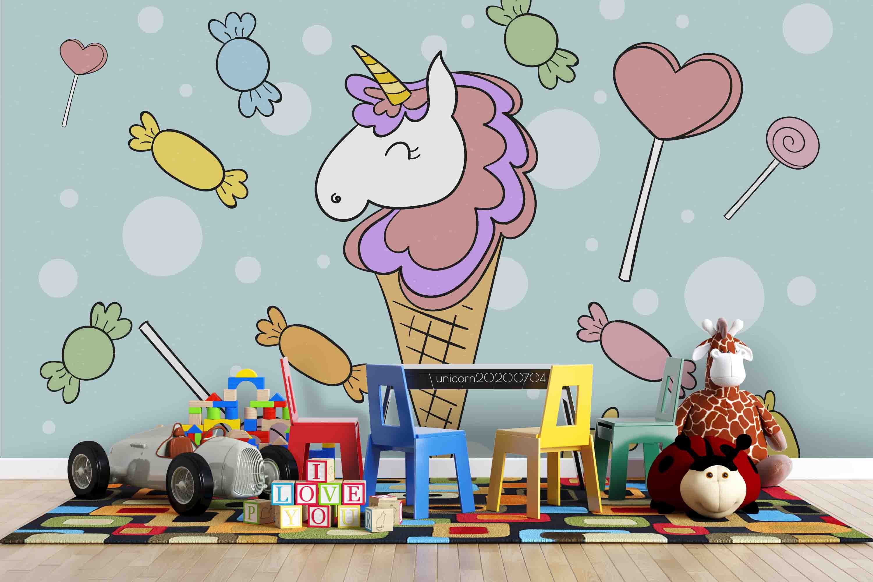 3D Cartoon Candy Unicorn Ice Cream Wall Mural Wallpaper Lxl 219