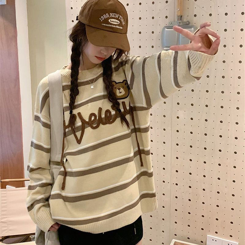 Bear Embroidered Sweater Women Korean Fashion Striped Round Collar Loose Versatile Pullover Sweater College Style Sweet Sweater alx