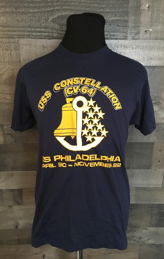 Vintage 90S Uss Constellation Philadelphia 1992 Blue Screen Stars Vintage Usa Navy Military Shirt