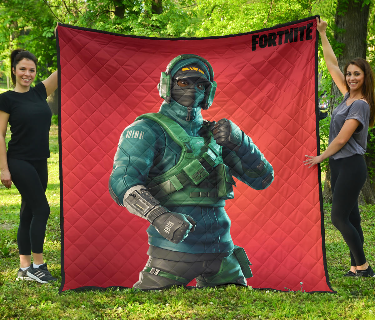 Fortnite Game Premium Quilt – Reflex Tech Green Skin Outfit Red Quilt Blanket