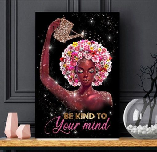Be Kind To Your Mind Red Lady Watering Flowers Headband Glitter Canvas Poster