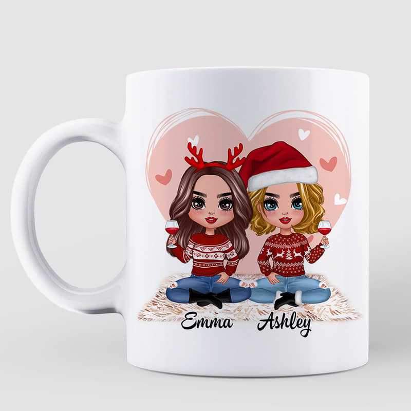 Doll Besties Sisters Pink Heart Christmas Personalized Mug