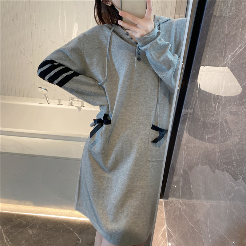 TB bow college style dress hooded long-sleeved sweater dress spring commuting loose and thin knitted skirt women alx