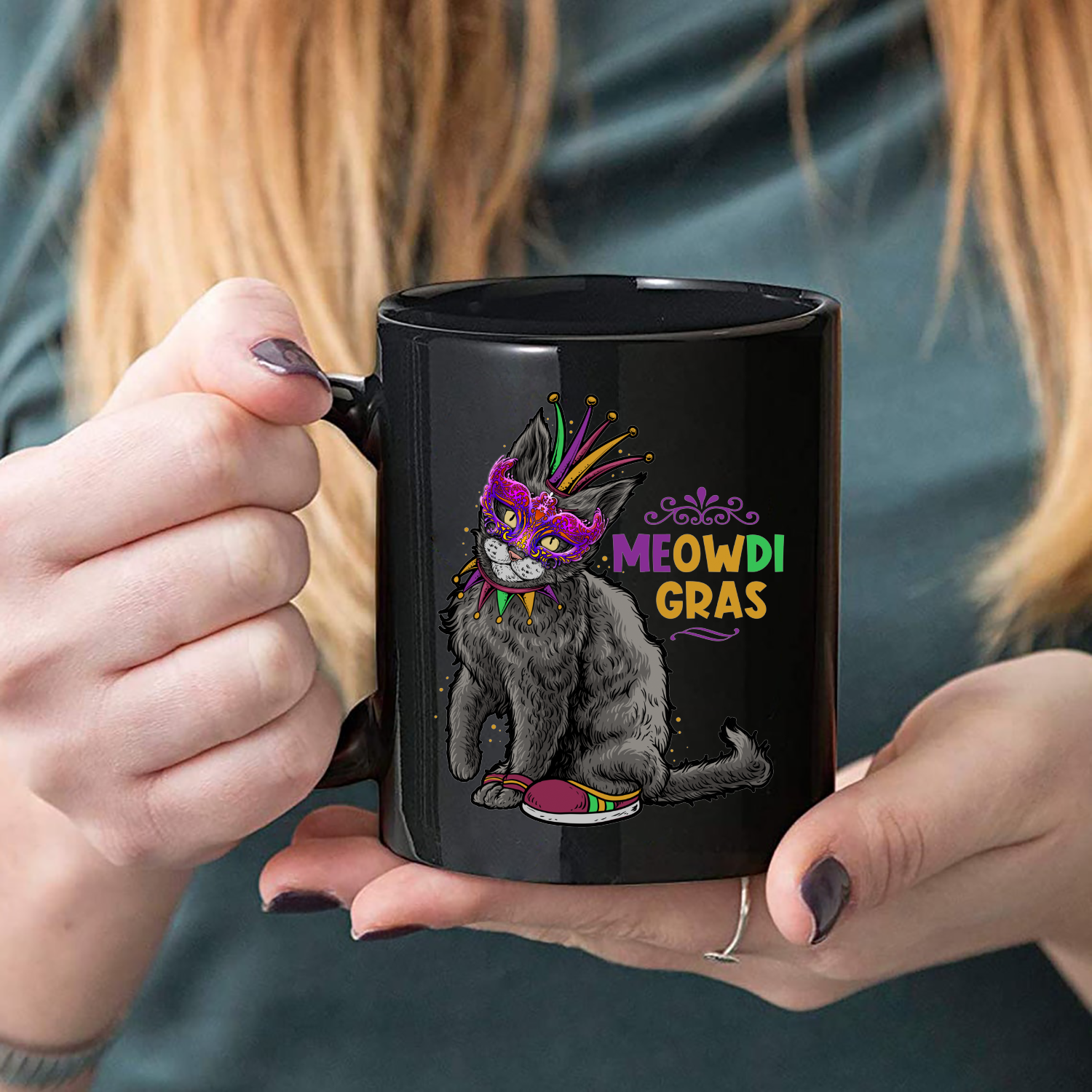 Mardi Gras Cat Meowdi Gras Funny Kitten Mug Black Ceramic 11-15oz Coffee Tea Cup