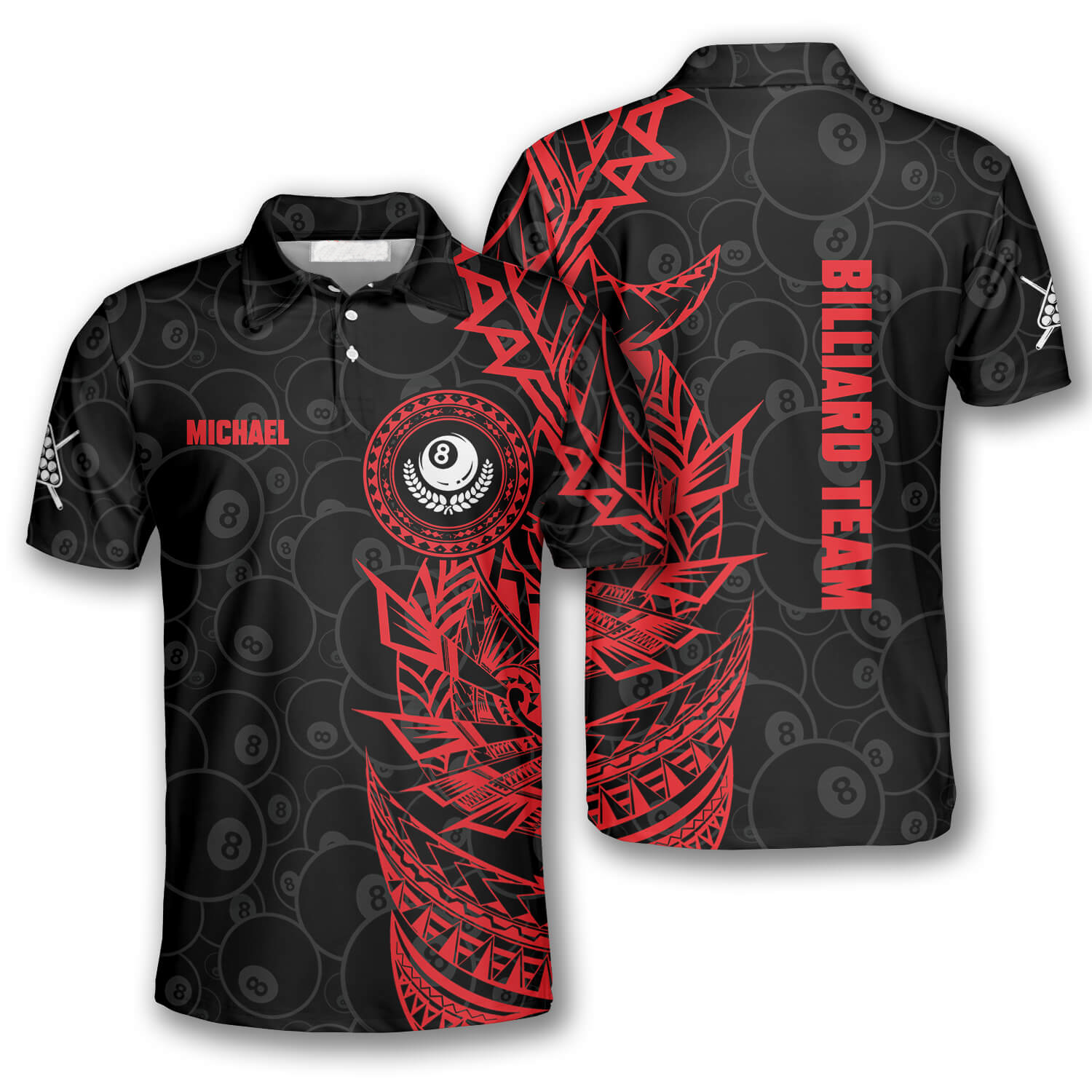 3D All Over Print Red Black Tribal Custom Billiard Polo Shirts For Men, Billiard Team Uniform