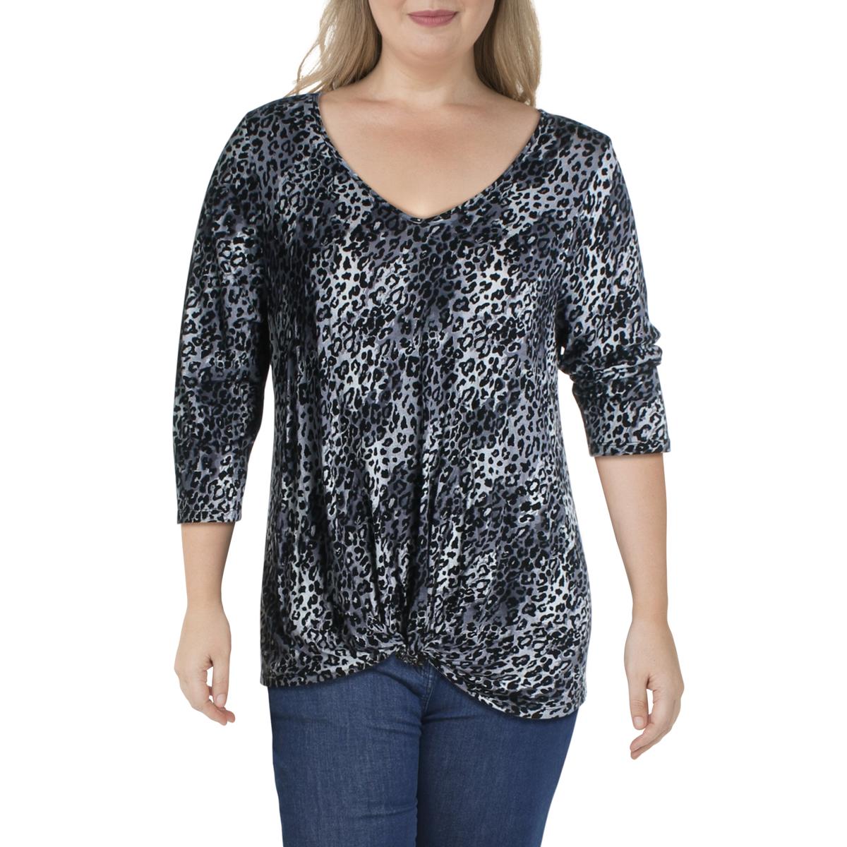 Plus Womens Animal Print V-Neck Blouse