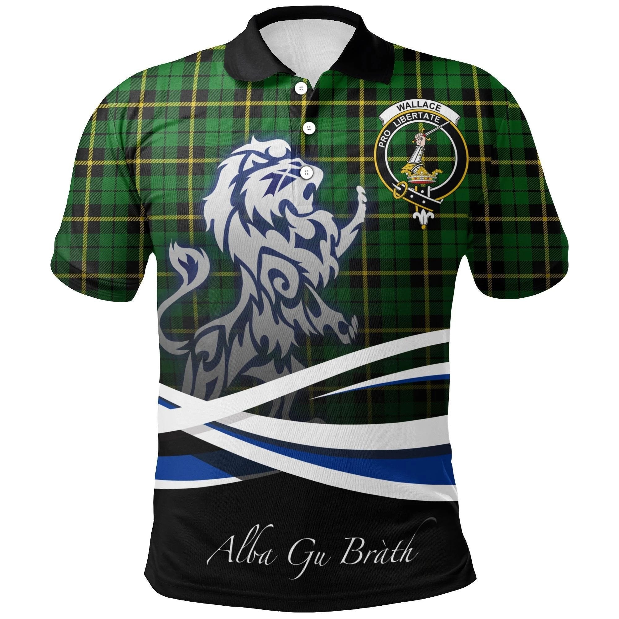 Wallace Hunting – Green Clan Polo Shirt, Scottish Tartan Wallace Hunting – Green Clans Polo Shirt Crest Lion Style