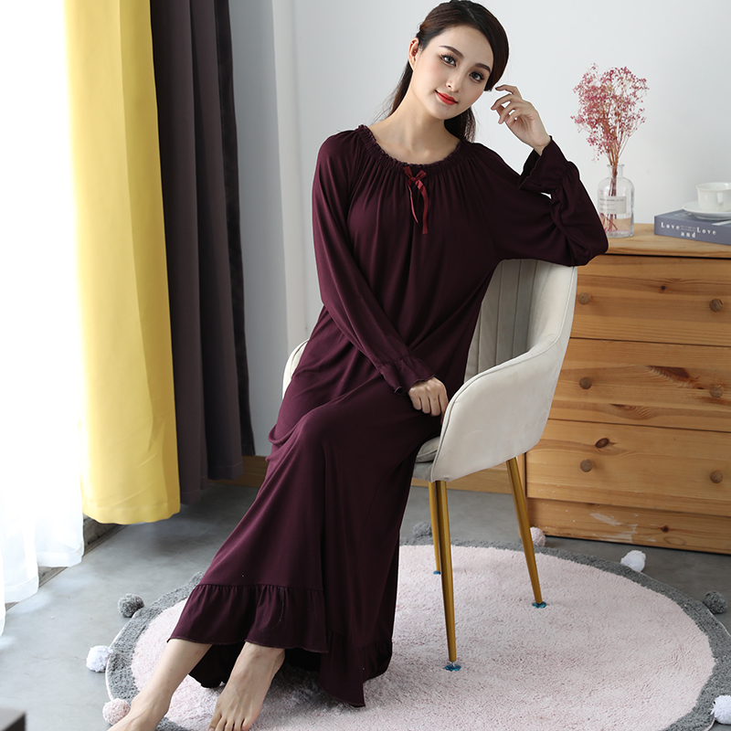 Spring Modal Nightgown Women O-Neck Soft Long Sleeve Nightdress Breathable Princess Sleepdress Home Clothes Sleepwear Plus Size alx