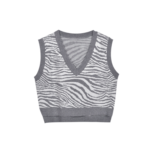 Zebra Knitted Sweater Vest Women 2022 Oversized Pullover Vintage Sleeveless V-Neck Korean Female Waistcoat Sweater Tops alx