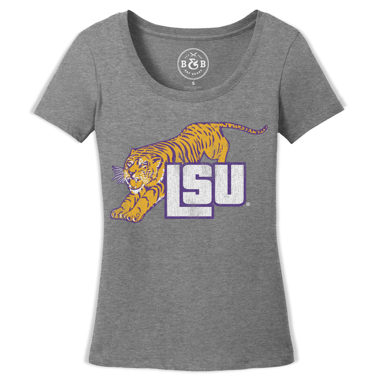 B&B Dry Goods Lsu Tigers Women’S Retro Leap Scoop Neck T-Shirt – Grey