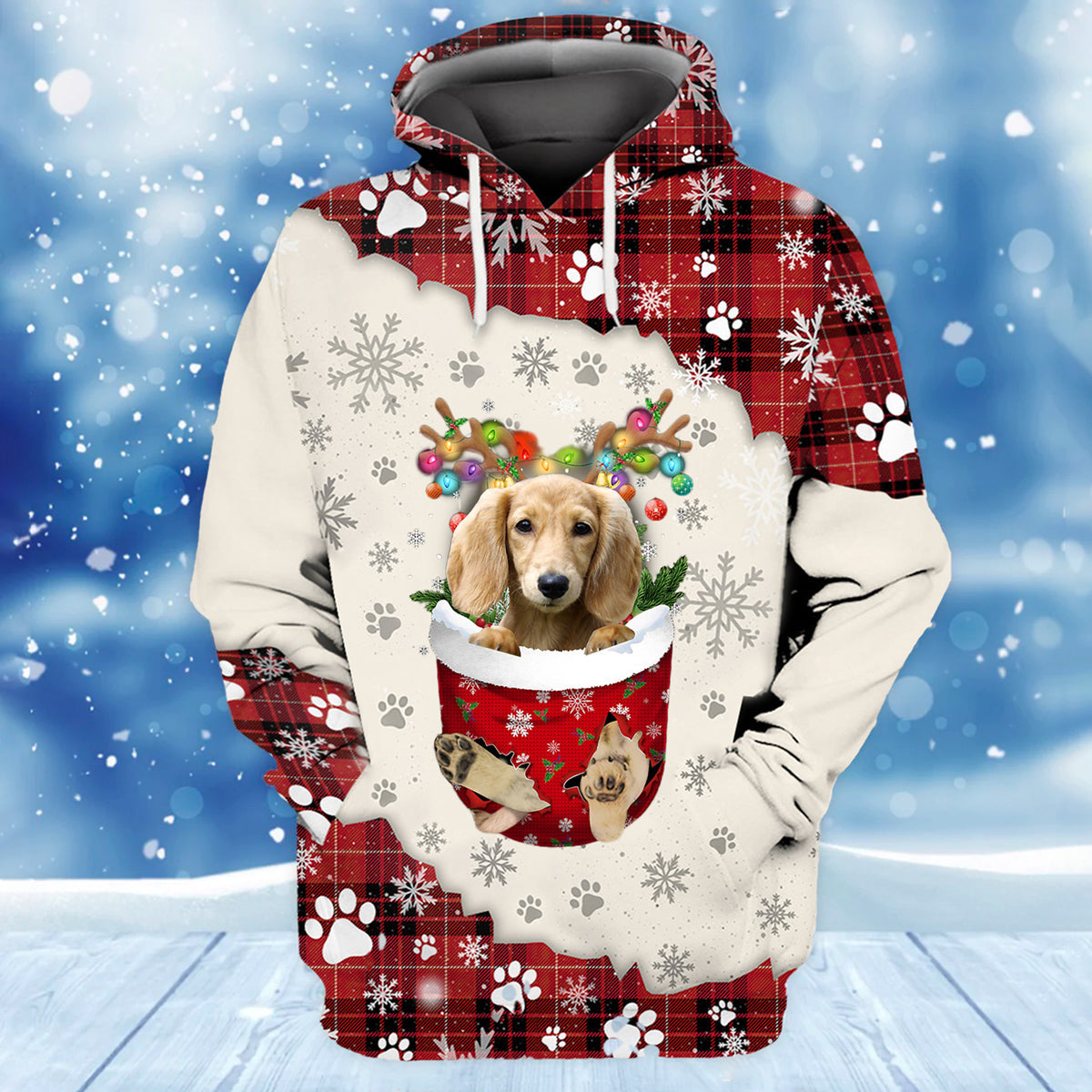 Cream Long Haired Dachshund In Snow Pocket Merry Christmas Unisex Hoodie