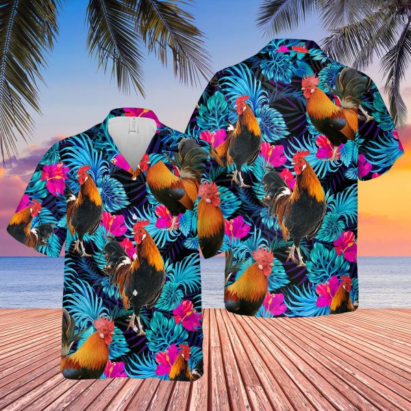 Rooster Blue Neon Tropical Hawaii Shirt, Cattle Shirt