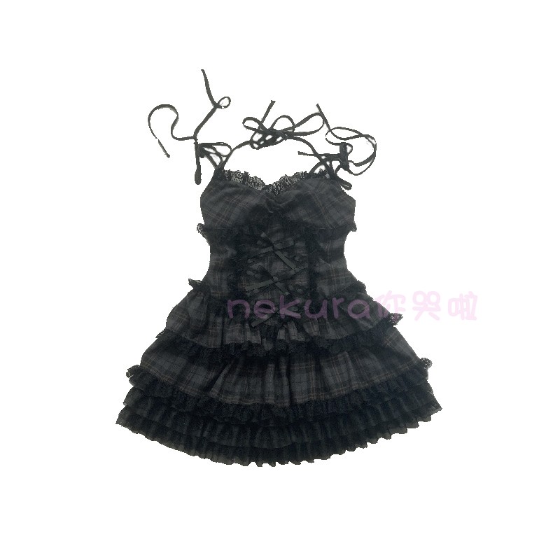 Summer Autumn Preppy Style Gothic Girls Sexy Sling Dress Balck Pleated Mini Short Plaid Women Sleeveless Large Pendulum Dresses alx