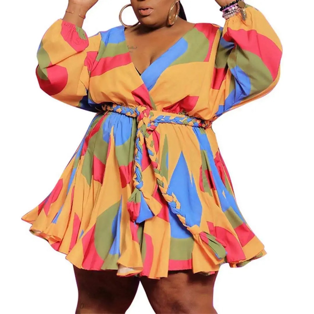 Women’s Plus Size Cute Shift Dress Belted Ruffle Wrap V Neck Swing Tunic Mini Dress Summer Casual Long Sleeve Dresses alx