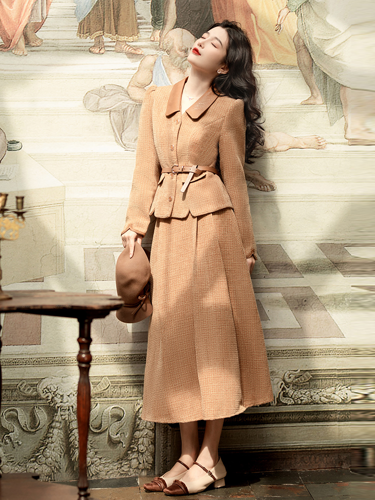 Small Fragrant Tweed Two Piece Set Women 2022 New Lapel Single breasted Woolen Coat & Midi Skirt With Belt Elegant Lady Outfits alx