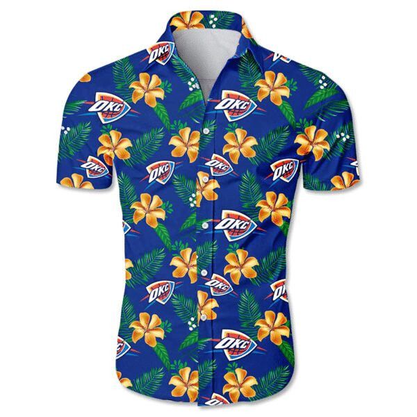 Nba Oklahoma City Thunder Gold Hibiscus Green Leaves Trendy Hawaiian Shirt Aloha Shirt