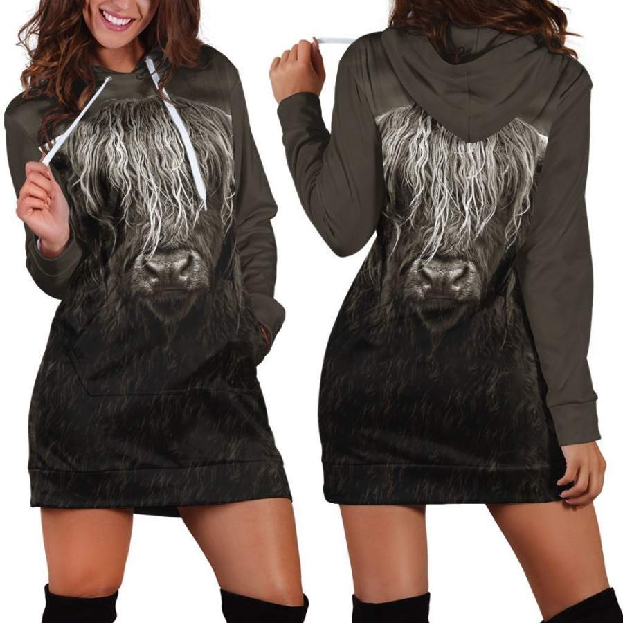 3D All Over Printed Cow Has Long Horns Hoodie Dress