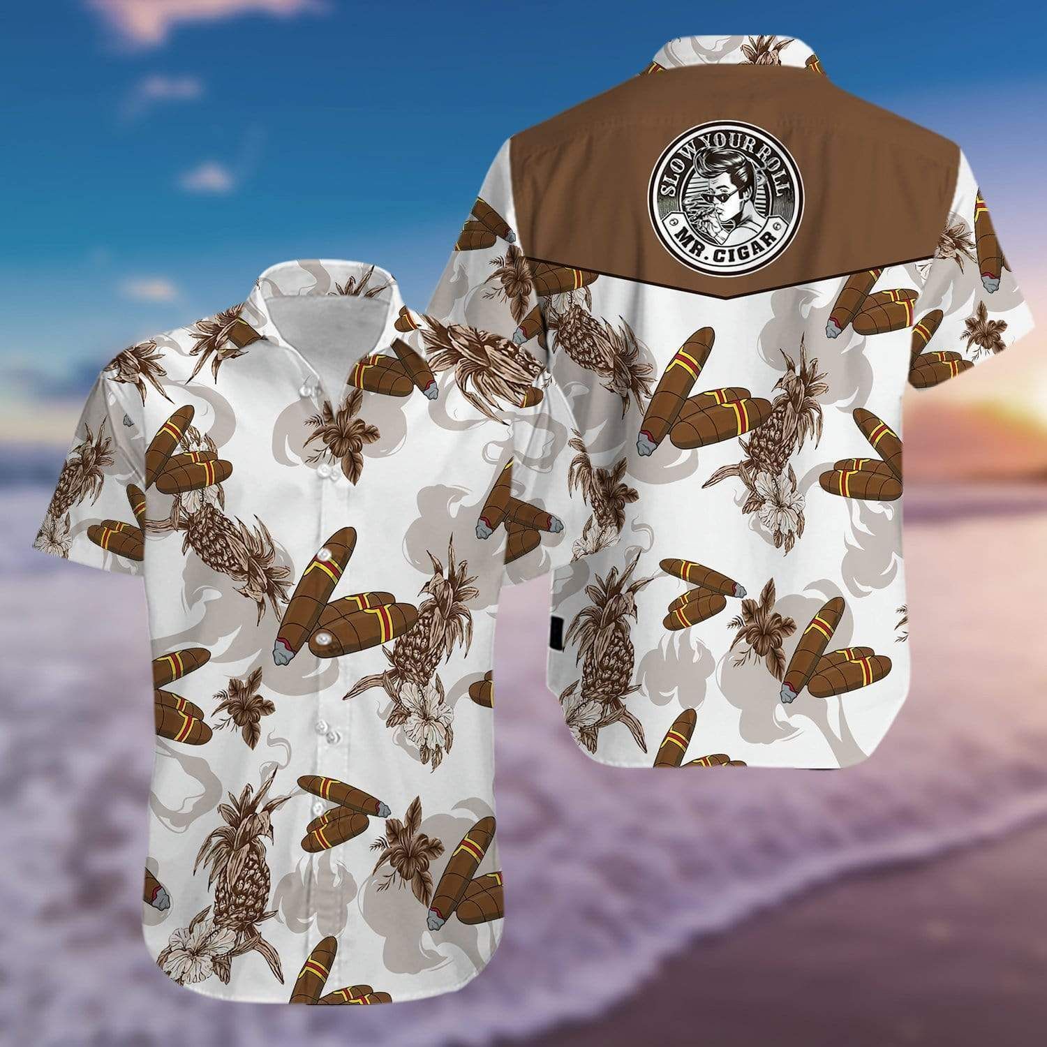 Beach Shirt Discover Cool Mr Cigar Brown White Aloha Hawaiian Shirts 2701Kv