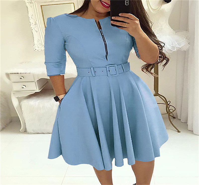 Autumn Dress Women Robe Femme Patchwork Zipper Belt Dresses O-Neck Half Sleeve Dress For Women’s Clothing 2021 Vestido De Mujer alx