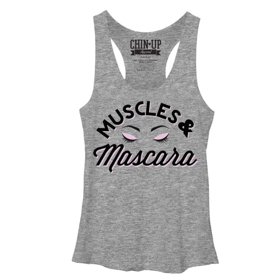 CHIN UP Women’s Muscles and Mascara Eyelashes  Racerback Tank Gray Heather S