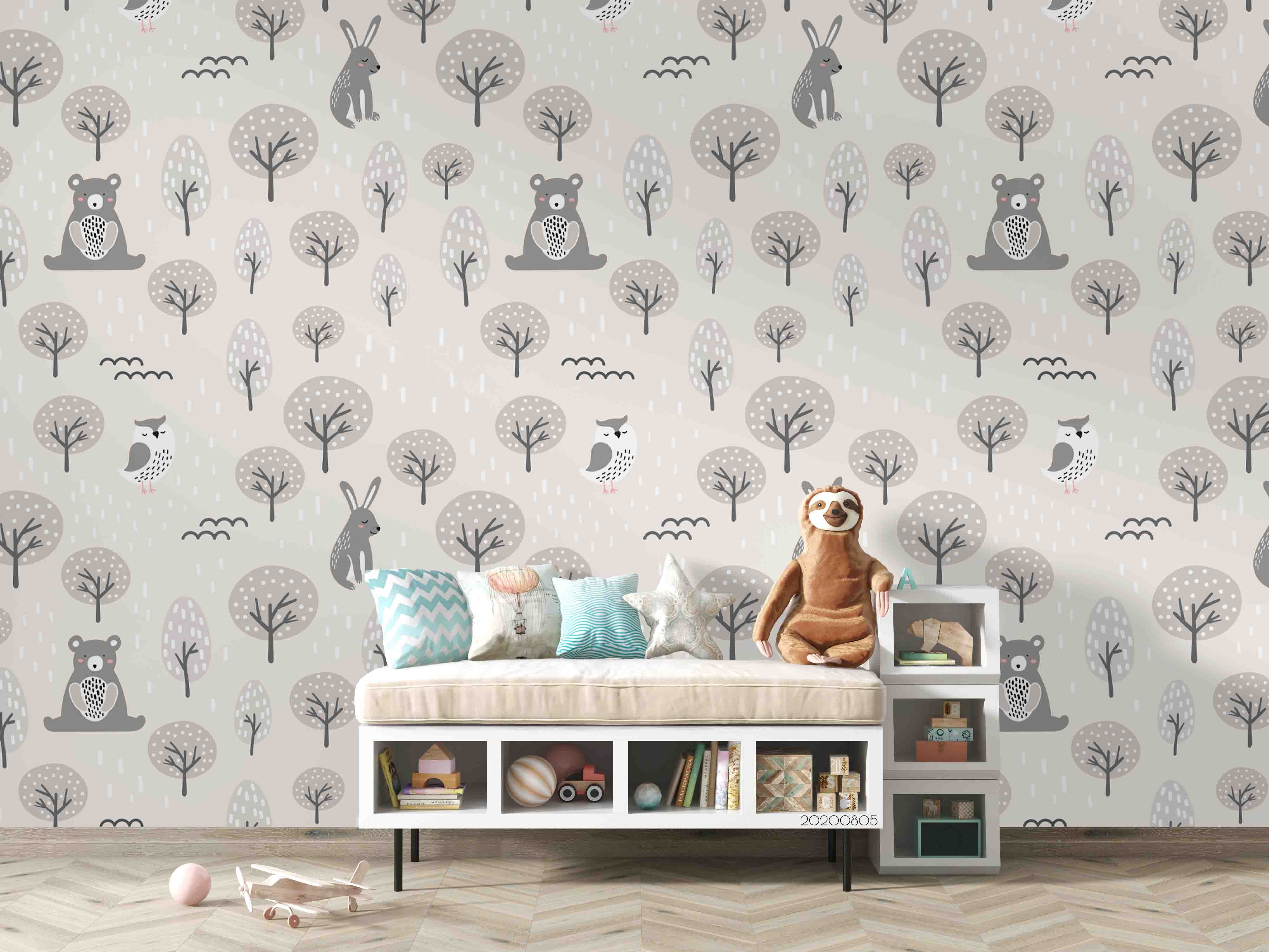 3D Cartoon Animal Tree Grey Wall Mural Wallpaper Lxl 813