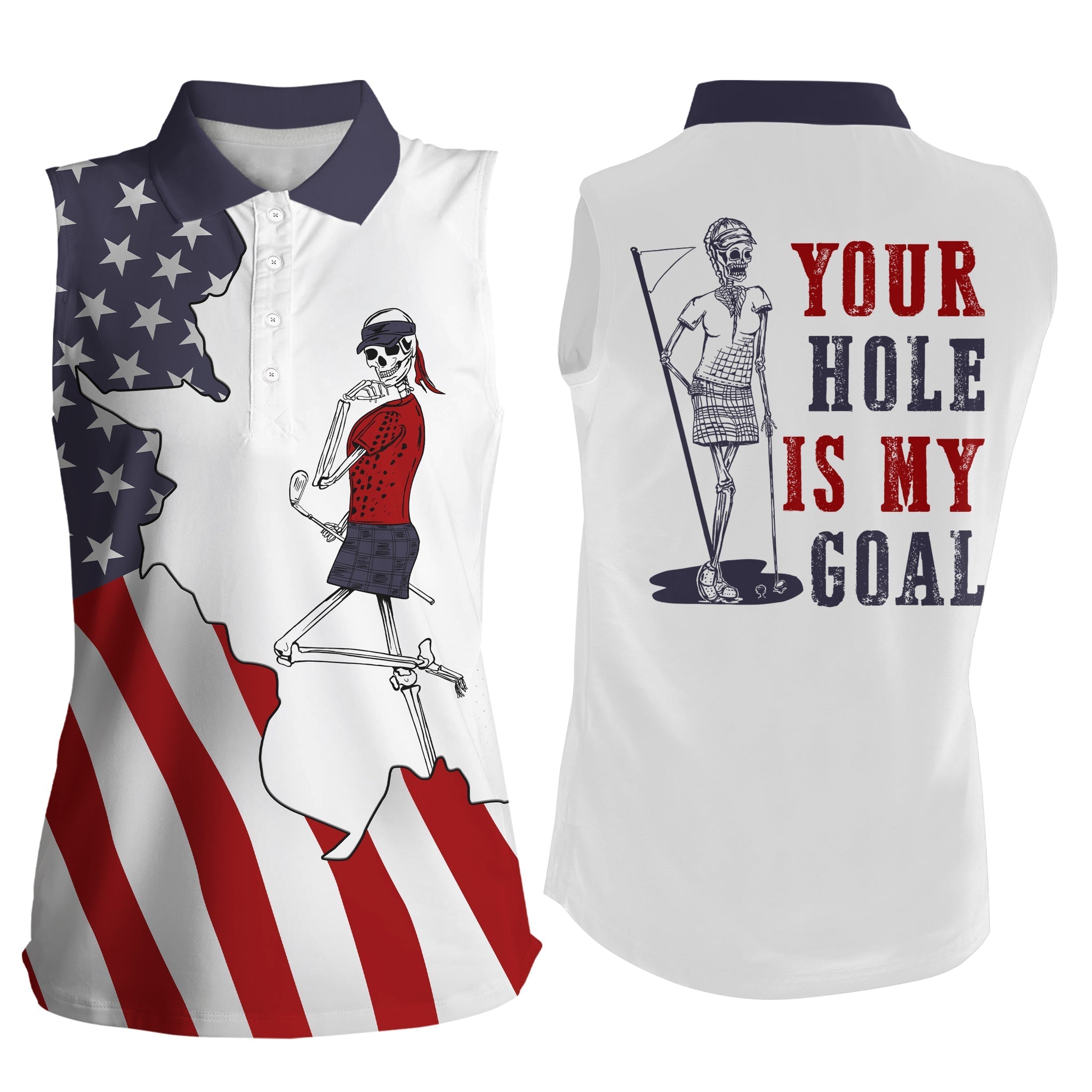 American Flag Patriotic Womens Sleeveless Polo Shirt, Funny Golf Skull Your Hole Is My Goal Golf Gifts