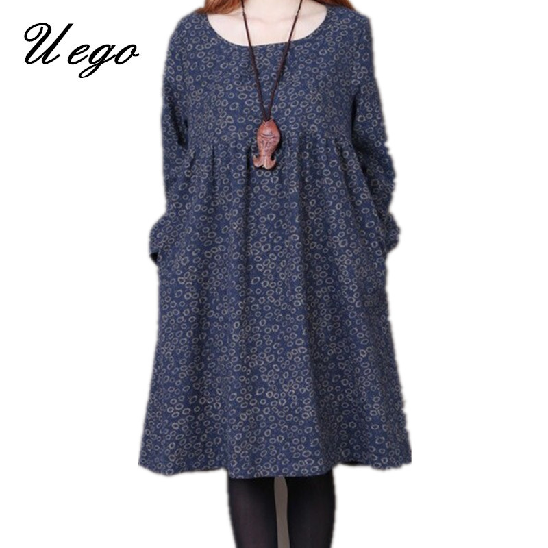 2022 Fashion Print Floral Autumn Dress Cotton Linen Long Sleeve Ladies Vintage Dress Loose Women Casual Spring Dress alx