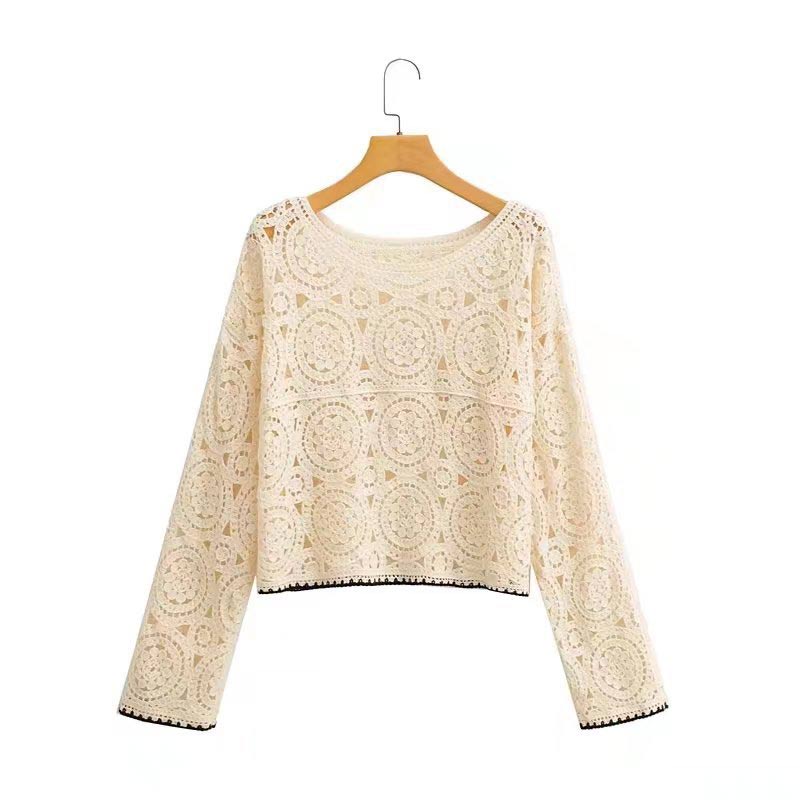 Women Fashion Colorblock Hollow Out Thin Knitted Sweater Casual Long Sleeve Crochet Pullover 2022 Summer Chic Tops Streetwear alx