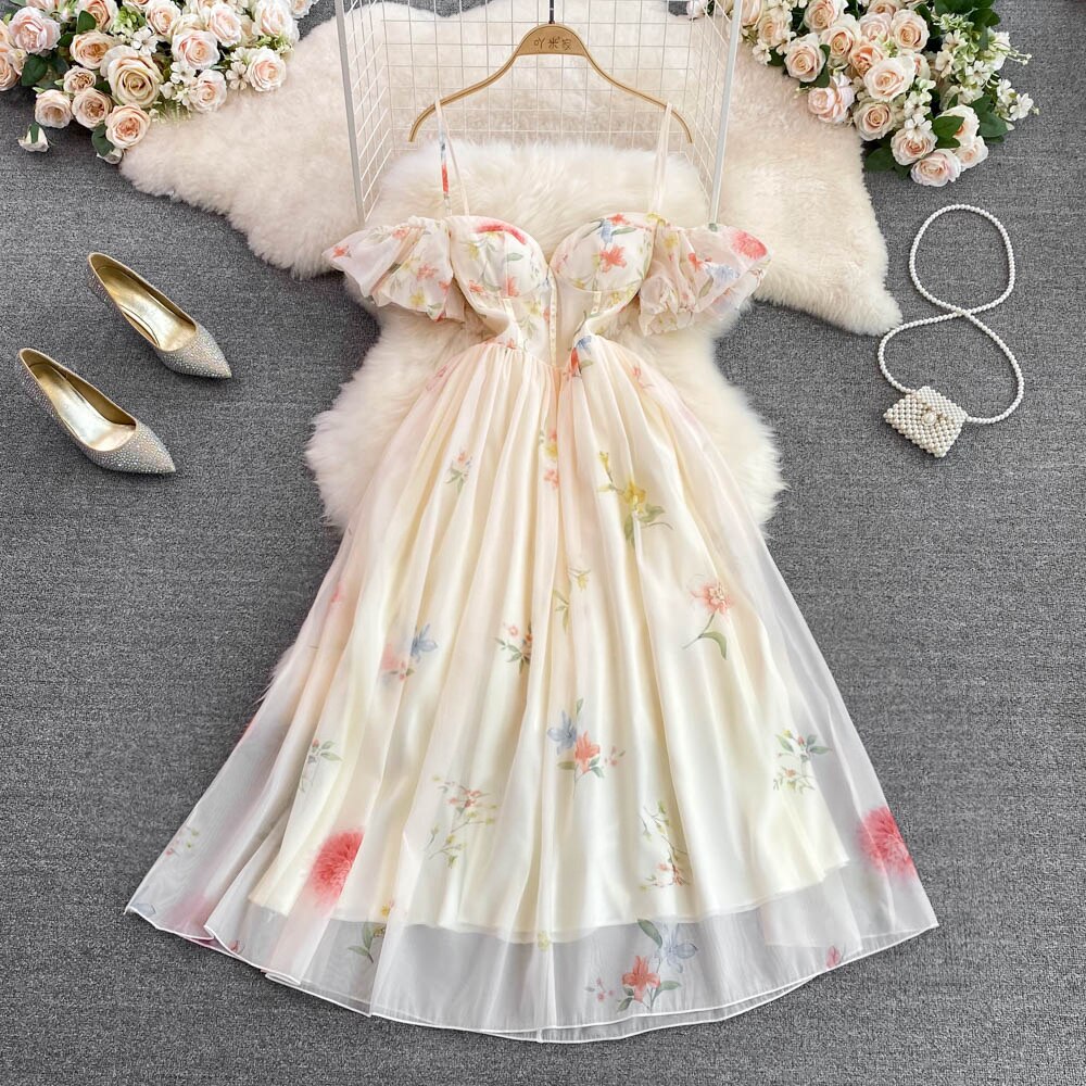 Elegant Floral One Shoulder Suspender Dress Women’s Puff Sleeves Backless Beach Long Dress Summer Robe Holiday Ladies Vestidos alx