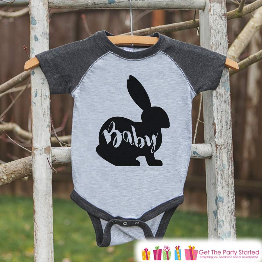 Kids Spring Outfit – Baby Bunny Shirt or Onepiece – Bunny Silhouette Family Shirts – Baby, Newborn, Infant – Easter Sibling Shirts – Grey