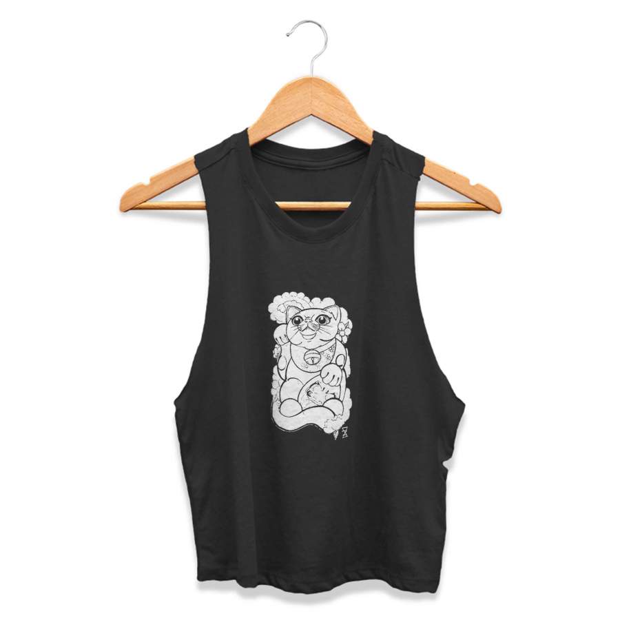 Maneki Neko Japanese Tattoo Daruma Lucky Cat Kitten Doll CPY Womans Crop Tanktop Tee