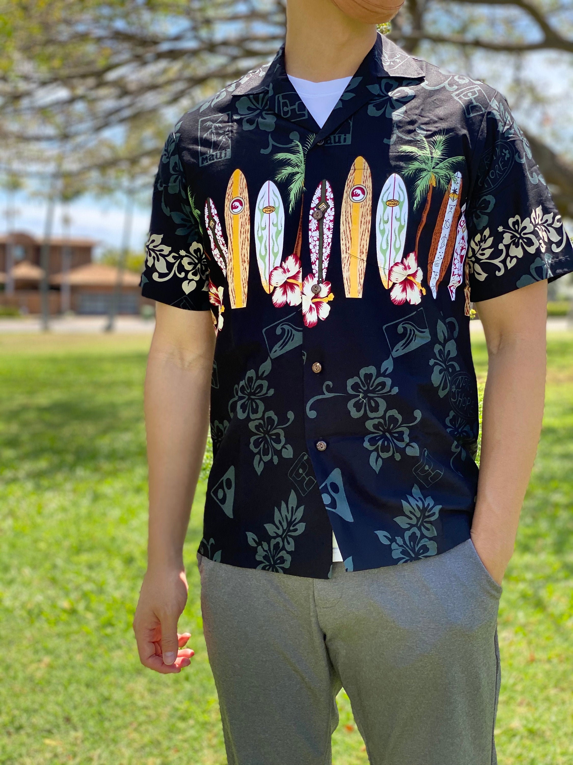 100% Cotton Maui Surfboard Hawaiian Aloha Shirt - Made in Hawaii - Small to 5XL,6XL,7XL - Bulk Quantities - Coconut Buttons