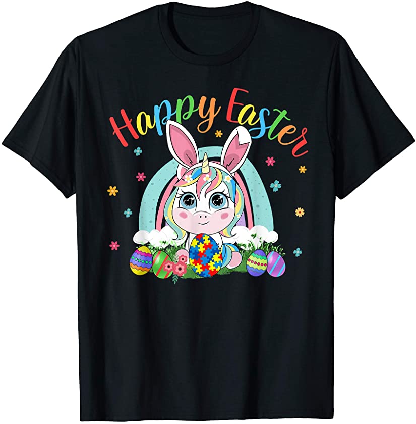 Unicorn Easter Bunny Ear Egg Puzzle Piece Autism Awareness T-Shirt