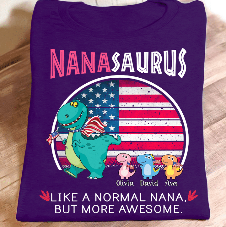 Personalized T-Shirt For Grandma Nanasaurus Usa Flag & Dinosaur Design Custom Grandkids Name 4Th Of July Shirt