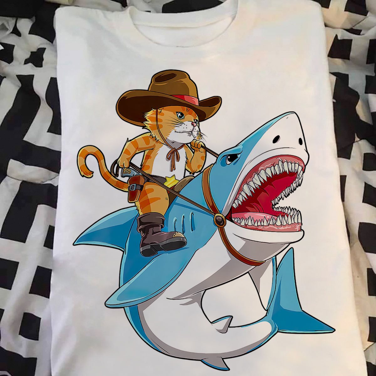 Cowboy Cat Riding Shark T-Shirt