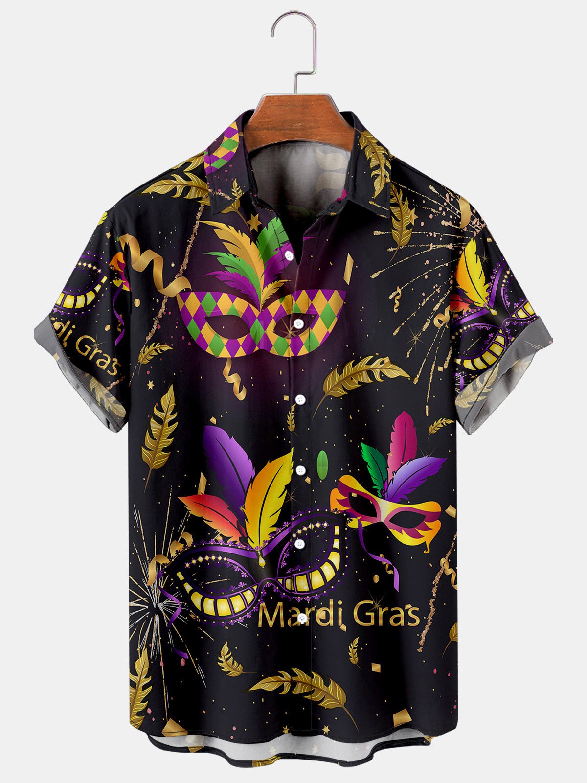 Mardi Gras Mask Fireworks Print Cotton Blend Short Sleeve Hawaii Shirt Ha90321