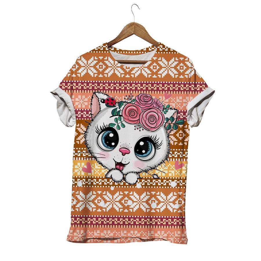 Cute Cartoon White Kitten With Flowerson Ethnic Motif Cat T-shirt