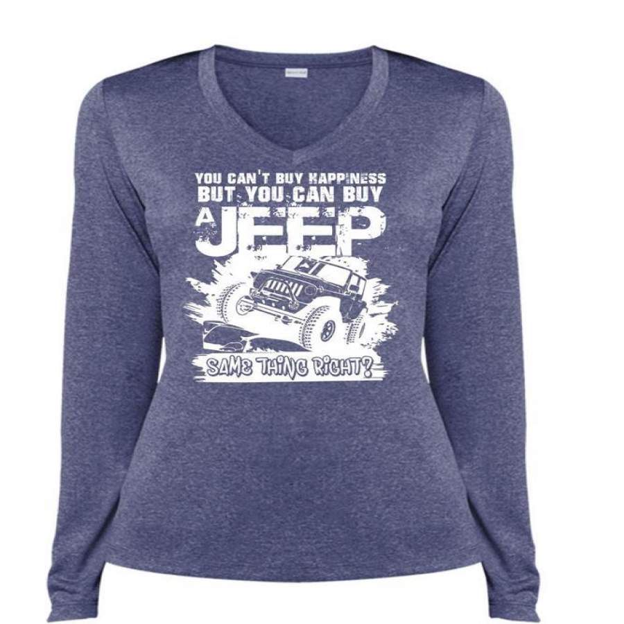 You Can Buy A Jeep T Shirt, You Can’t Buy Happiness T Shirt, Cool Shirt (Ladies LS Heather V-Neck)