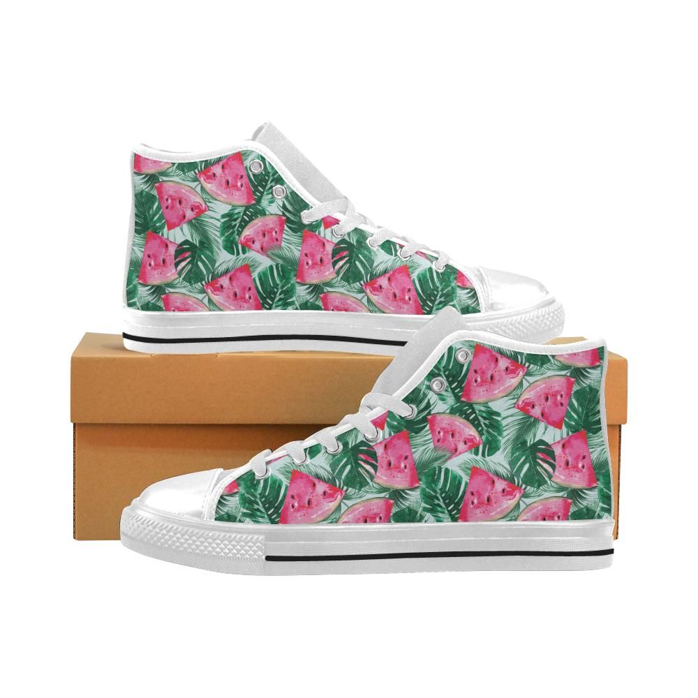 Watermelons tropical palm leaves pattern Men’s High Top Shoes White